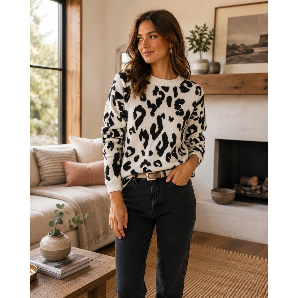 Something Navy Sweater Women XL Cream Leopard Mob Wife Indie Sleaze